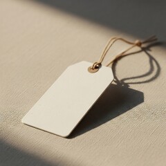 Realistic photo of blank clothing tag tied with string on fabric background, warm daylight, soft shadow, ultra-realistic 8k, perfect for fashion branding or label design showcase.