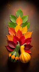 Top view of colorful autumn foliage and two gourds on a textured surface, representative of the fall season, harvest, and seasonal transition
