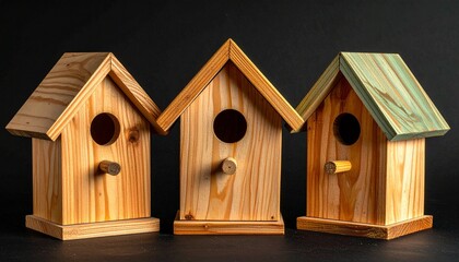 Three wooden birdhouses with triangular roofs and circular entrances against dark background, evoking rustic symmetry and handcrafted charm.