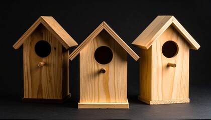 Three wooden birdhouses with triangular roofs and circular entrances against dark background, evoking rustic symmetry and handcrafted charm.
