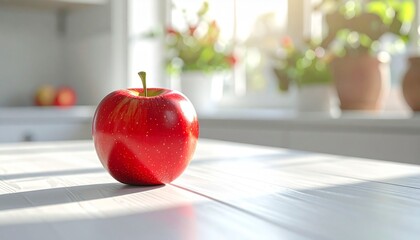 Glossy red apple on white wooden surface with sunlit window and potted plants, evoking freshness, simplicity, and natural calm.