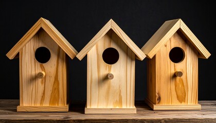 Three wooden birdhouses with triangular roofs and circular entrances against dark background, evoking rustic symmetry and handcrafted charm.