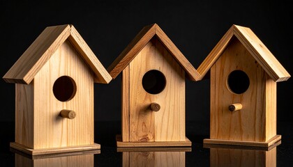 Three wooden birdhouses with triangular roofs and circular entrances against dark background, evoking rustic symmetry and handcrafted charm.