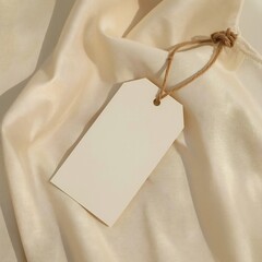 Realistic photo of blank clothing tag tied with string on fabric background, warm daylight, soft shadow, ultra-realistic 8k, perfect for fashion branding or label design showcase.