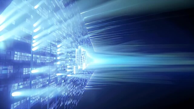 A Neon Blue Corridor of Quantum Data Streams Revealing Accelerated Digital Information Transfer