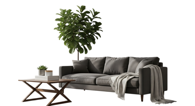 Gray sofa with a coffee table and plant isolated on transparent background