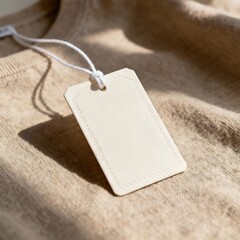 Realistic photo of blank clothing tag tied with string on fabric background, warm daylight, soft shadow, ultra-realistic 8k, perfect for fashion branding or label design showcase.