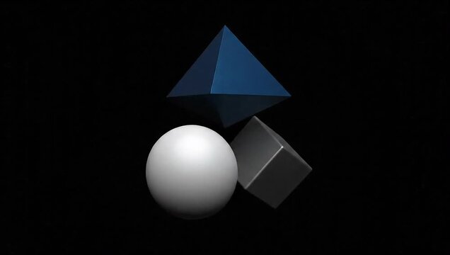 Geometric Forms in Contrast: A composition of precisely rendered geometric shapes: a sphere, a cube, and a pyramid, each defined by stark lines, creating a visual symphony of form, shadow.