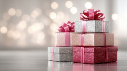 christmas Festive gift boxes with bows against a blurred background.