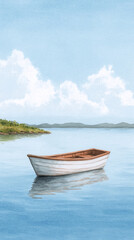 Naklejka premium A Serene Seascape Featuring a Tranquil Boat Floating on Calm Waters Beneath a Bright Blue Sky