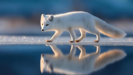 Arctic fox with white fur walking along a frozen shoreline, its reflection visible in a calm icy pool. Concept Arctic wildlife, Arctic fox, Frozen shoreline, Reflection photography, Serene icy pool
