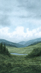 Explore the Tranquil Beauty of a Serene Landscape: A Stunning Watercolor Representation of Nature's Peaceful Valleys and Majestic Mountains Under a Soft Sky