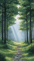 Explore a Tranquil Forest Pathway Bathed in Gentle Sunlight, Where Nature's Beauty Inspires Exploration and Serenity Amid Lush Green Foliage and Tall Trees