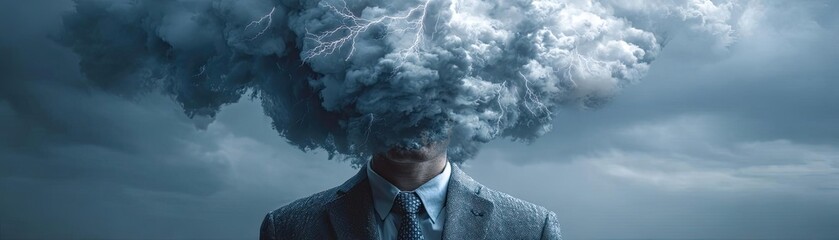 Man in a business suit with a blown head concept. A man in a suit with a cloud for a head, symbolizing confusion.