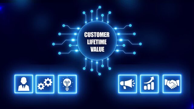 Customer Lifetime Value Concept with Icons and Circuit Board Design on Dark Blue Background client