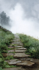 Discover the Tranquil Beauty of a Misty Stone Pathway in a Lush Green Landscape, Perfect for Nature Lovers Seeking Serenity and Adventure Amidst Stunning Scenery.