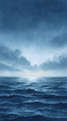 Ethereal Night Ocean Waves Under a Starry Sky: A Serene Watercolor Landscape Depicting Tranquility and Natural Beauty.