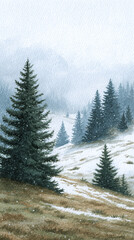 Serene Winter Landscape: Captivating Pines Blanketed in Snow Under a Misty Sky, Perfect for Nature Lovers and Tranquility Seekers Alike.