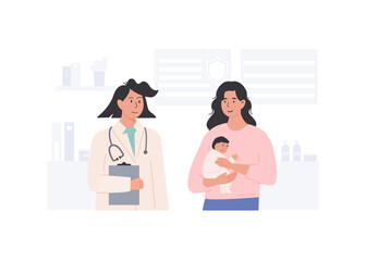 Young mother with newborn baby at clinic appointment with pediatrician or midwife. Early postnatal care and health check. Flat Style Vector Illustration.