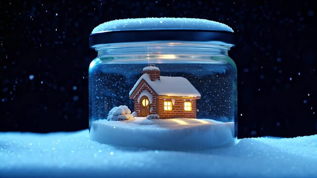 A Tiny Glowing Cottage Enclosed Within a Transparent Jar Resting on Snow Under a Starry Night