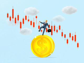 Miniature Businessman on dollar coin with falling candlestick chart, Resilience Amid Market Downturn in Financial Strategy