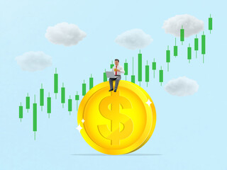 Miniature Businessman on dollar coin with laptop and rising candlestick chart, Analyzing Financial Growth in a Bullish Market