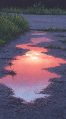 Captivating Sunset Reflection in a Puddle: An Evocative Landscape Scene that Echoes Nature's Beauty and Tranquility, Illuminating the Ground with a Kaleidoscope of Colors