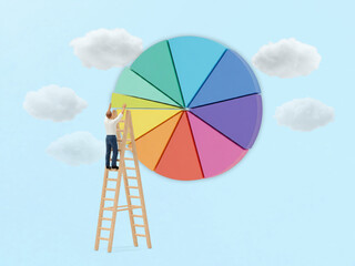 Reaching Insights Through Colorful Data Visualization, Person on ladder interacts with floating pie chart in sky