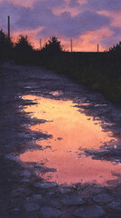 Captivating Sunset Reflection in a Puddle: A Serene Landscape Watercolor Painting Capturing the Tranquility and Beauty of Nature at Dusk
