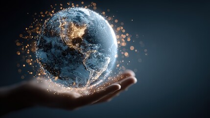 Hand Holding Digital Earth with Golden Dots, Showing Global Interconnection and Tech Control Scene