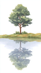 A Serene Watercolor Depiction of a Tree Reflecting on Still Waters, Capturing the Tranquility of Nature and the Beauty of the Environment in a Peaceful Landscape