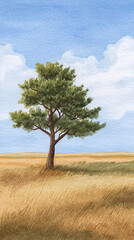Sublime Tranquility: A Beautiful Tree Stands Alone Against the Backdrop of a Wide Landscape, Emphasizing Nature's Splendor and the Serenity of the Open Sky.