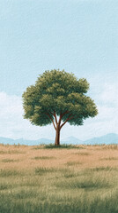 A Serene Tree Standing Alone in a Lush Landscape Under a Clear Sky, Capturing the Essence of Nature's Beauty and Tranquility