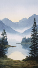 Experience the Tranquility of a Majestic Landscape: A Serene Lake Surrounded by Misty Mountains and Lush Forests Captured in Watercolor.