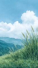 Breathtaking Landscape with Lush Green Grass and Majestic Mountains Under a Vibrant Sky: A Serene Journey into Nature's Beauty Captured in Watercolor.