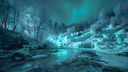Northern lights over a turquoise frozen waterfall and icy river in a snowy forest at night. Concept Northern Lights over turquoise waterfall, Icy river in snowy forest at night