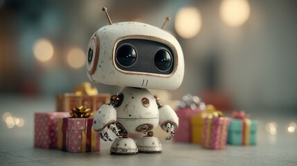 christmas Cute robot figurine surrounded by colorful gift boxes.