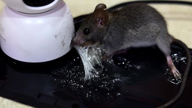 Close-up of a mouse caught in a glue mouse trap. The mouse is trying to free itself from the trap.
