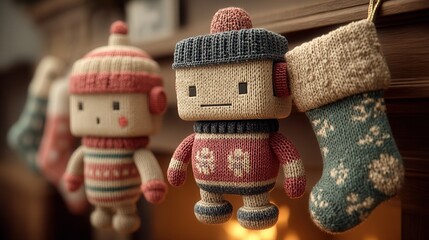 christmas Soft knitted toys hanging by a cozy fireplace during the holidays.