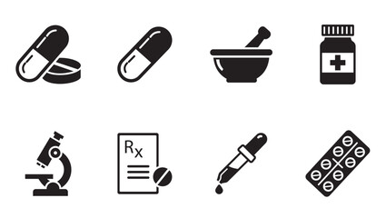 Pharmacy & Medicine Vector Icon Pack | Solid Black Filled Glyph Icons Featuring Pill, Capsule, Medicine Bottle, Prescription Paper, Mortar and Pestle, Dropper, Microscope, Test Tube, Blister Pack & Cr