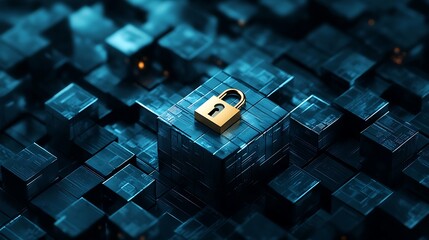 Gold padlock on dark digital cube surface symbolizing online security
