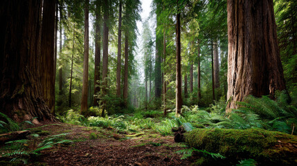 Obraz premium Beautiful forest background for screensaver. with sunbeams. Calm close-up of fairytale forest and nature landscape, panorama. Summer vacation, holiday, amazing nature.