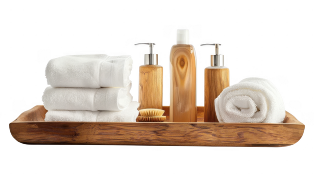 White towels on wooden tray on transparent background
