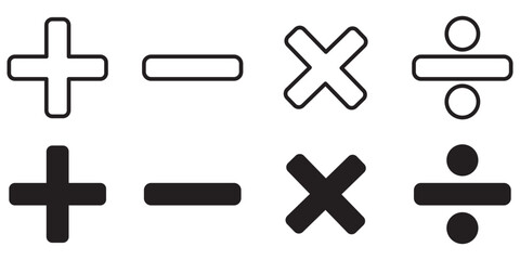 Basic mathematical symbol. Plus minus, Multiply icon, division symbol, Calculator, math icon set arithmetic plus, minus, multiplication and divide sign symbol set for application and website.