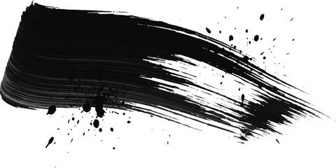 Black ink brush stroke with splatters abstract grunge texture for artistic design isolated on white background