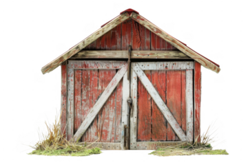 A weathered red wooden shed on transparent background