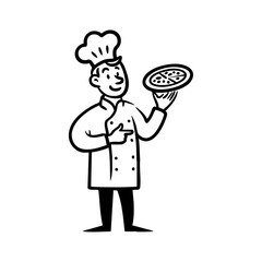 Smiling pizza chef proudly presenting a freshly baked pizza, representing culinary passion, craftsmanship, and authentic Italian cuisine.
