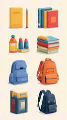 Illustrative concept of essential school supplies, showcasing diverse backpacks, textbooks, notebooks, and lunch items for student education and learning