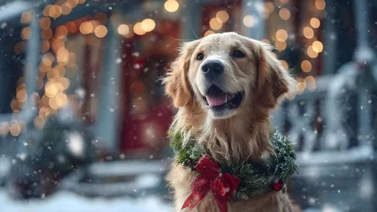 Fotobehang Dierenarts Golden retriever wearing a Christmas wreath with a red bow, in a snowy street with warm bokeh lights. Concept Golden retriever portrait, Christmas wreath, Snowy street scene, Warm bokeh lights  © Anastasiia