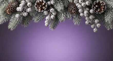 Overhead shot of snowy pine branches, cones, and berries against a soft purple background, representing winter season, festive holiday, or celebration